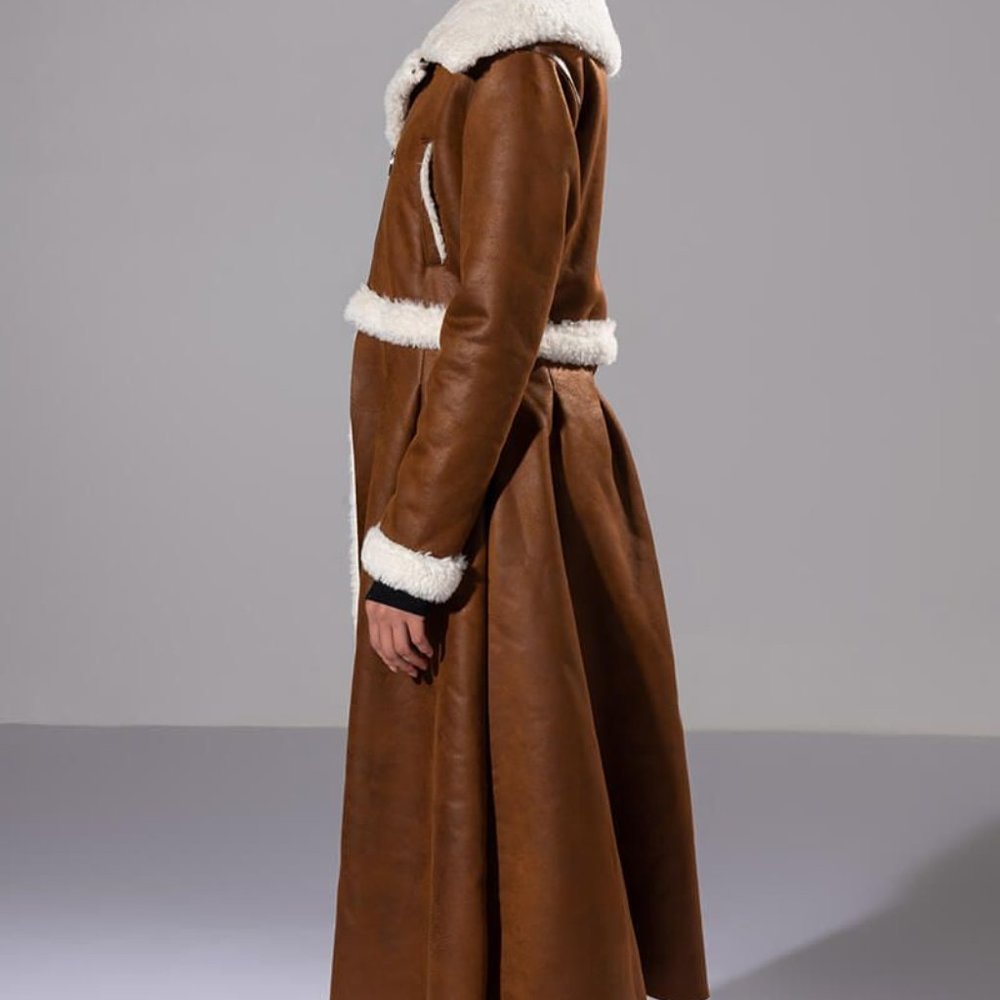 Miz Milk Chocolate Aviatrix Sherpa Lined Vegan Leather Convertible Trench Coat L - Picture 5 of 15